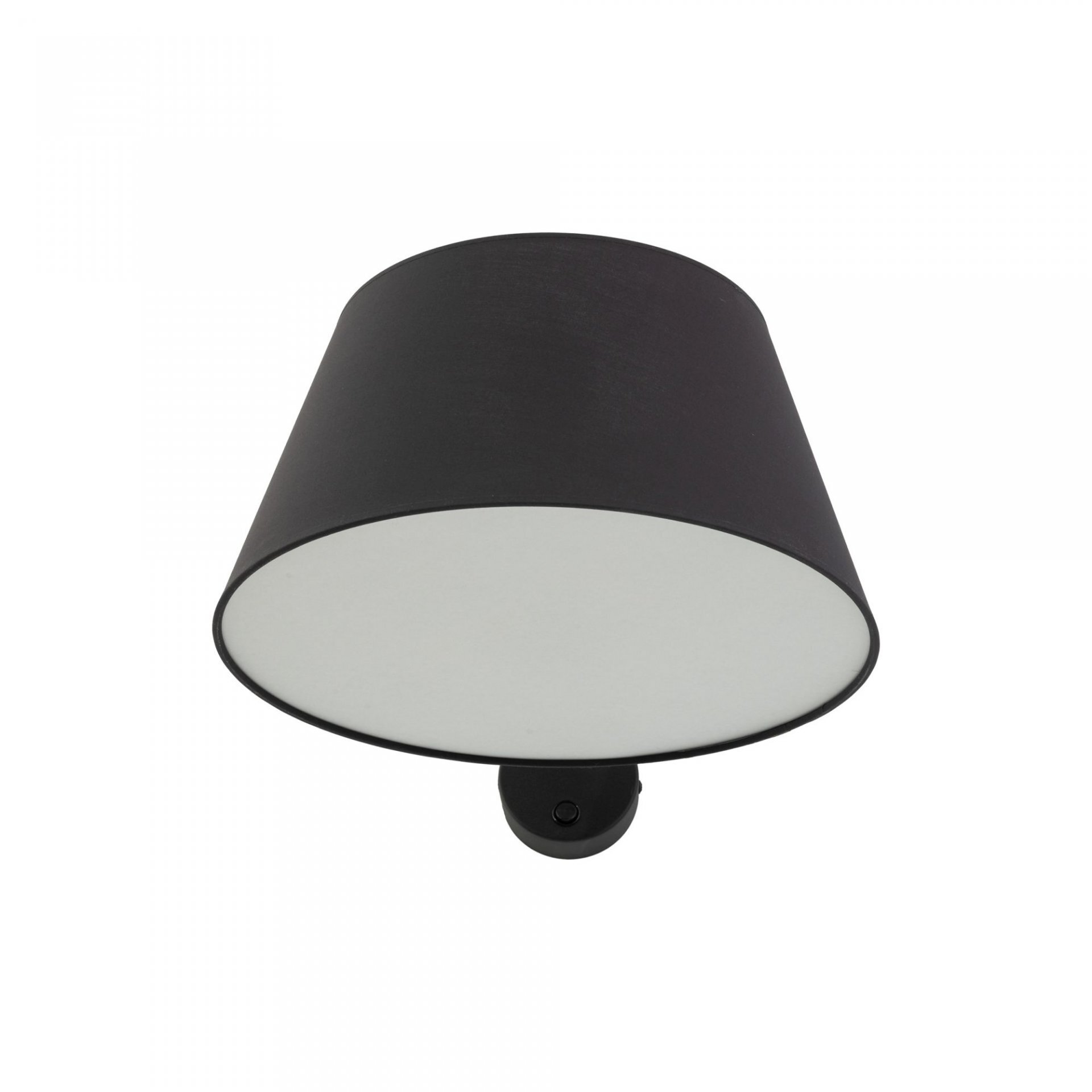 Czarny kinkiet z włącznikiem, o nowoczesnym designie, z białym wnętrzem klosza. Lampa ścienna przeznaczona na żarówkę E27 o mocy 1x15W.