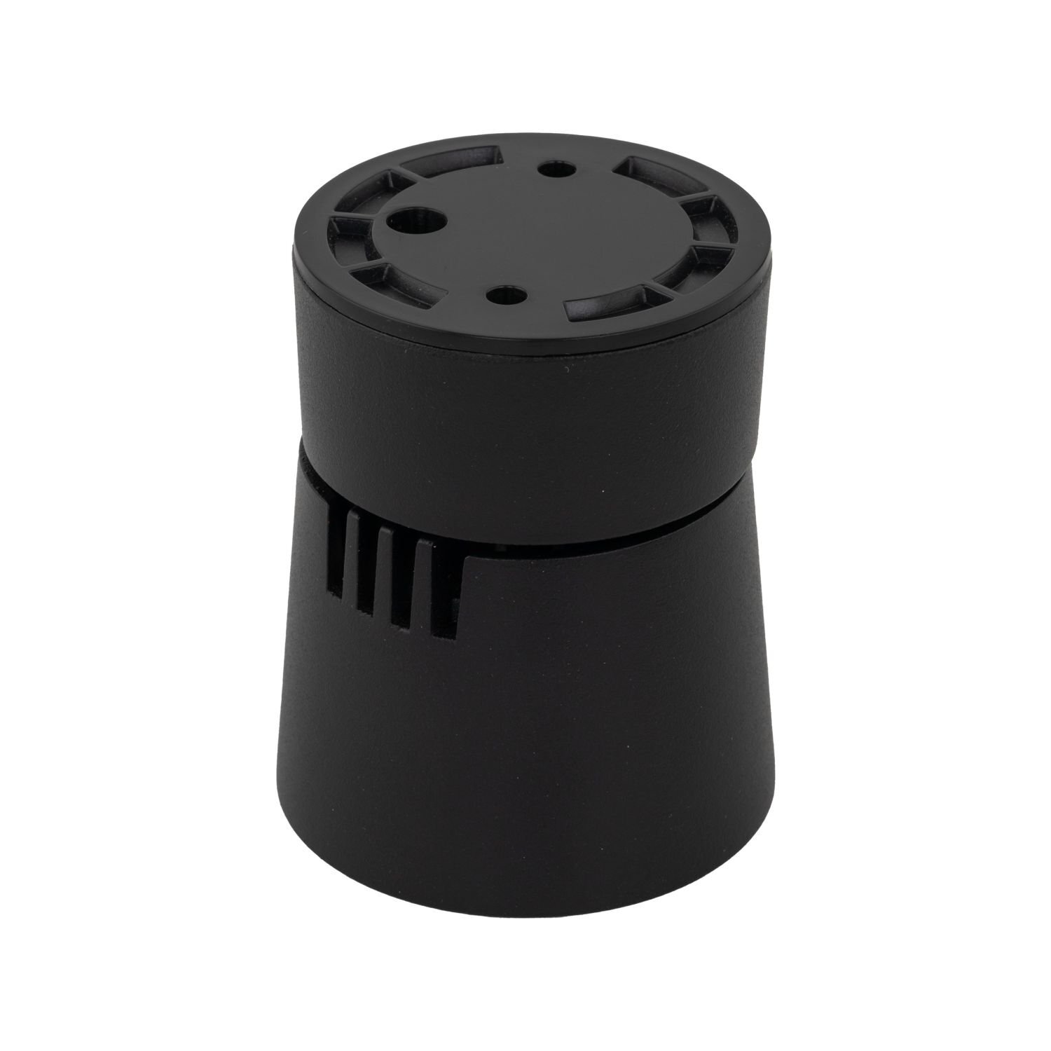 Czarna, cylindryczna lampa reflektorowa z otworami na górnej powierzchni. Produkt ma prosty, nowoczesny design.