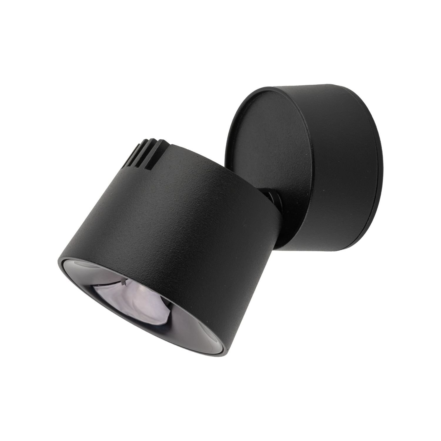 Czarna lampa reflektor LED z ruchomą głowicą, o nowoczesnym designie. Lampa ma cylindryczny kształt i jest przeznaczona do montażu na ścianie lub suficie.