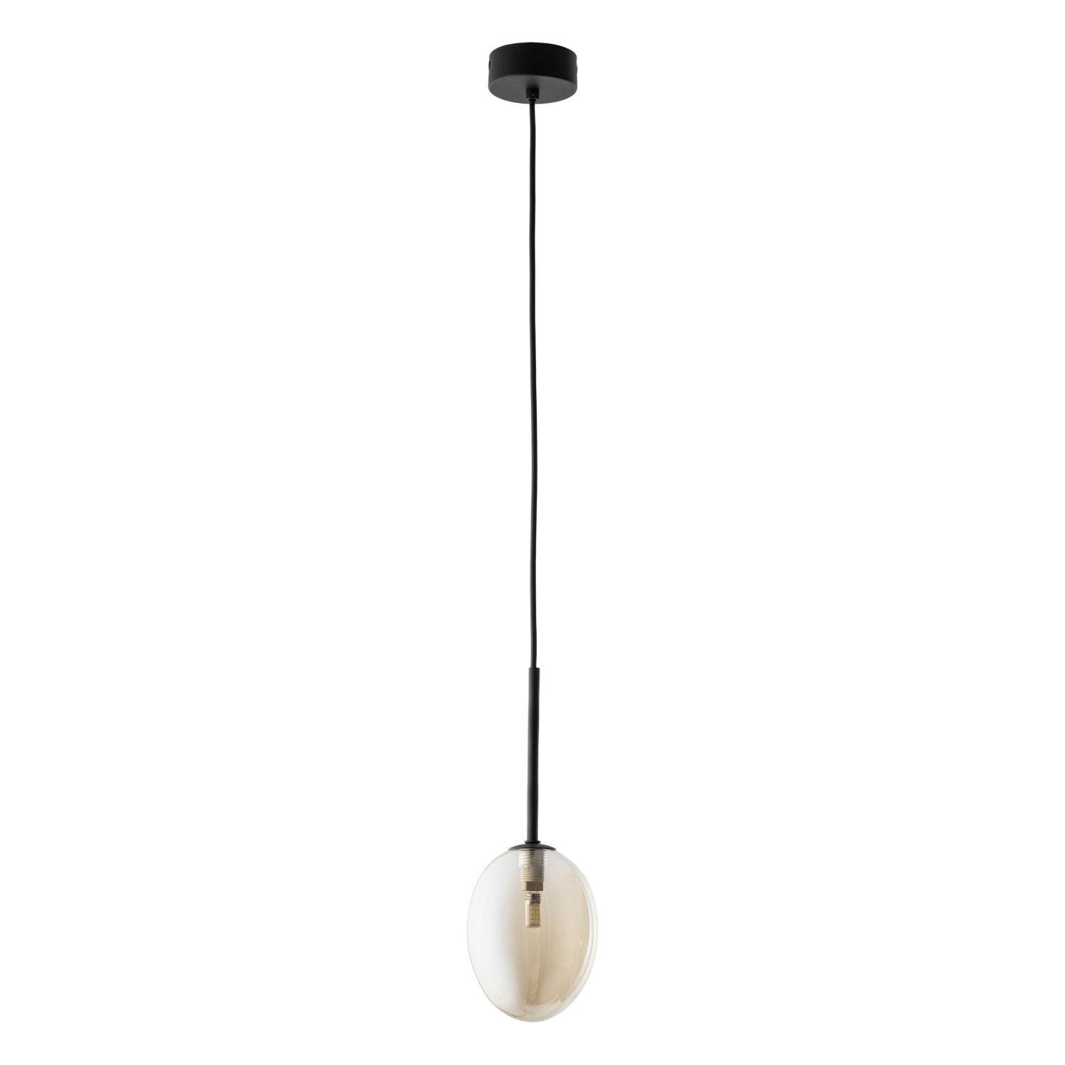 Lampa wisząca z czarnym matowym wykończeniem i przydymionym kloszem ozdobionym kryształami. Lampa jest zawieszona na długim przewodzie, a źródło światła to oprawka E27 bez żarówki.
