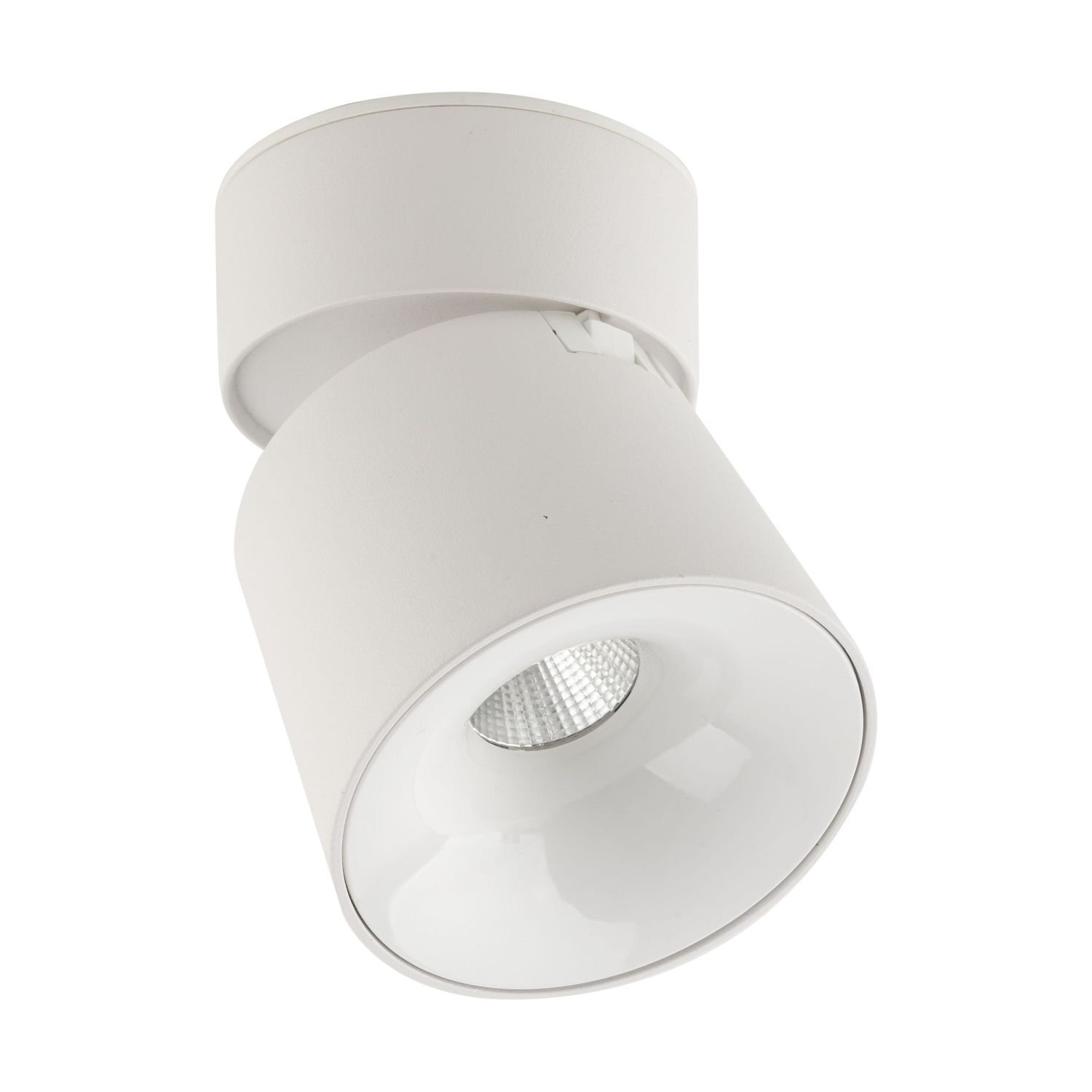 Biała lampa reflektorowa LED o cylindrycznym kształcie z regulowanym kątem padania światła. Wewnątrz widoczny jest odbłyśnik.