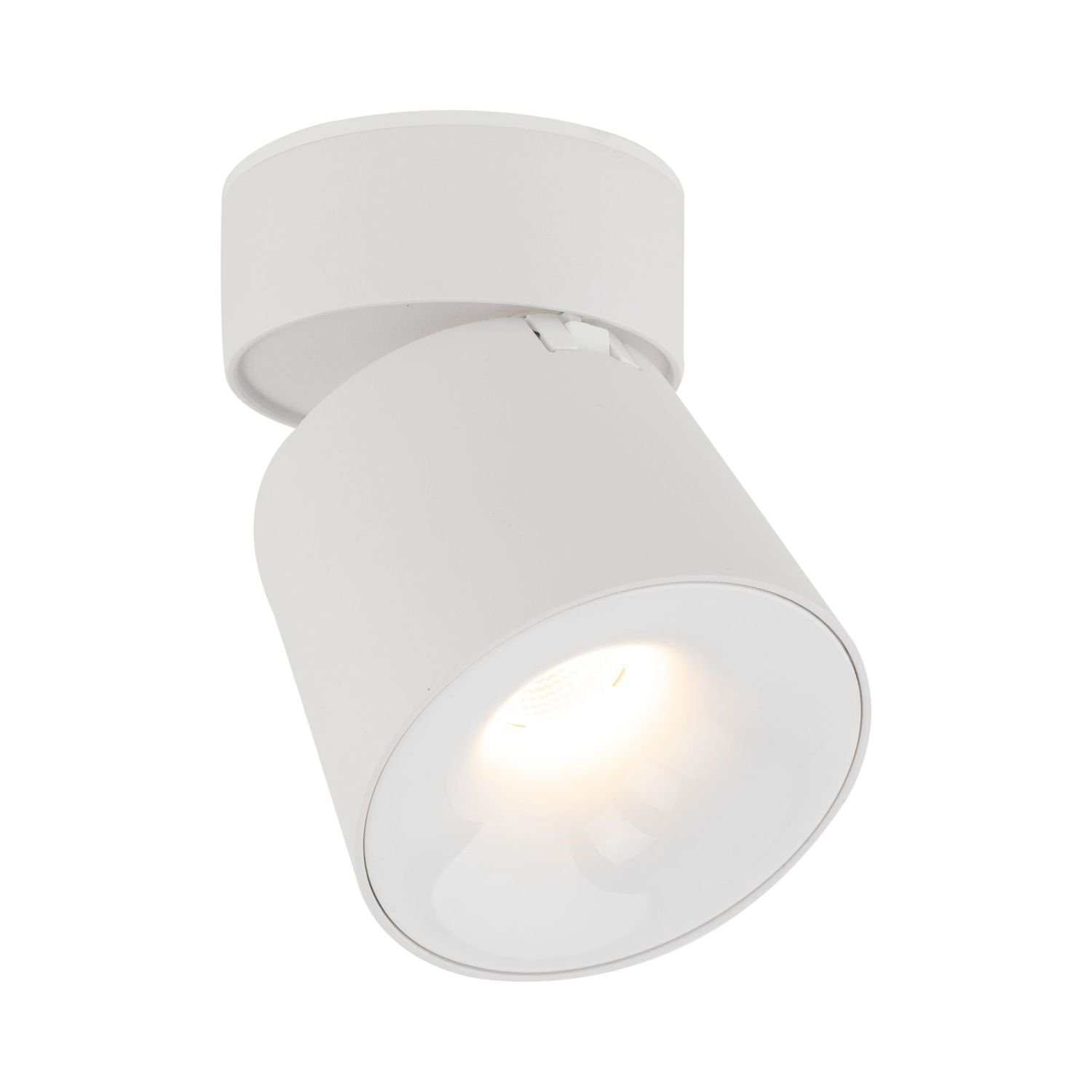 Biała lampa reflektorowa LED o cylindrycznym kształcie, emitująca ciepłe światło. Lampa jest regulowana i zamontowana na okrągłej podstawie.