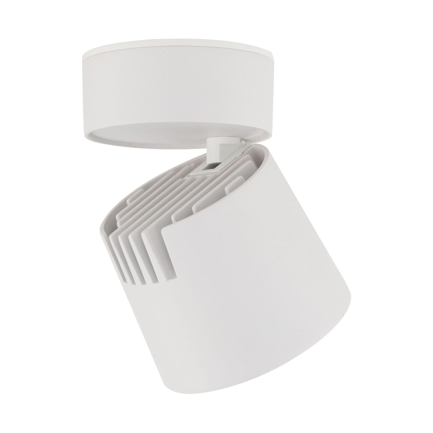 Biała lampa reflektorowa LED z regulowanym kątem padania światła, o cylindrycznym kształcie i żebrowanej strukturze na powierzchni. Produkt nie posiada widocznych oznaczeń ani tekstu.
