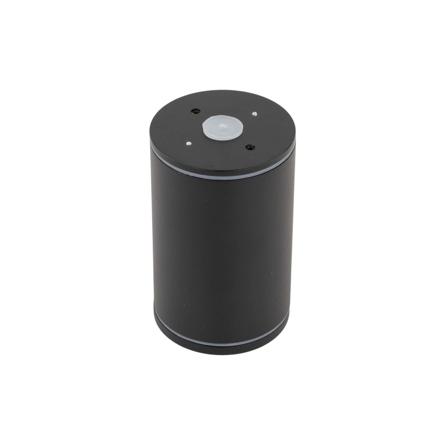 Cylindryczna, czarna oprawa natynkowa wykonana z metalu, z widocznym centralnym elementem na górze. Produkt ma nowoczesny design i jest przeznaczony do montażu w łazience.