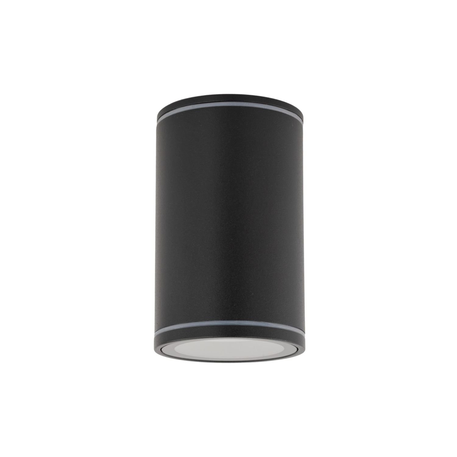 Cylindryczna, czarna oprawa natynkowa wykonana z metalu, z widocznym źródłem światła na spodzie. Produkt ma nowoczesny design i jest przeznaczony do montażu w łazience.
