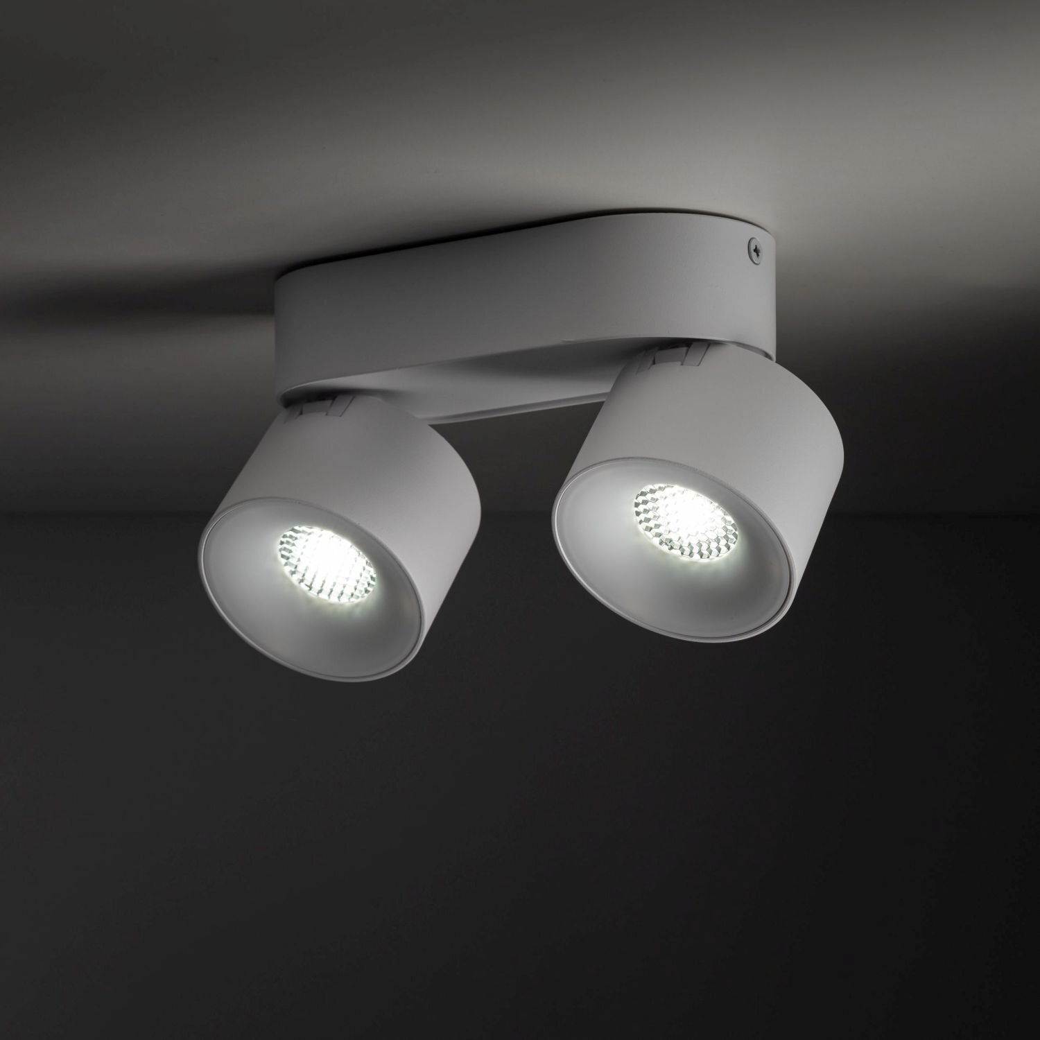 Na obrazie widoczna jest biała lampa sufitowa z dwoma regulowanymi reflektorami LED, zamontowana na suficie. Światło emitowane przez reflektory jest jasne i skupione.