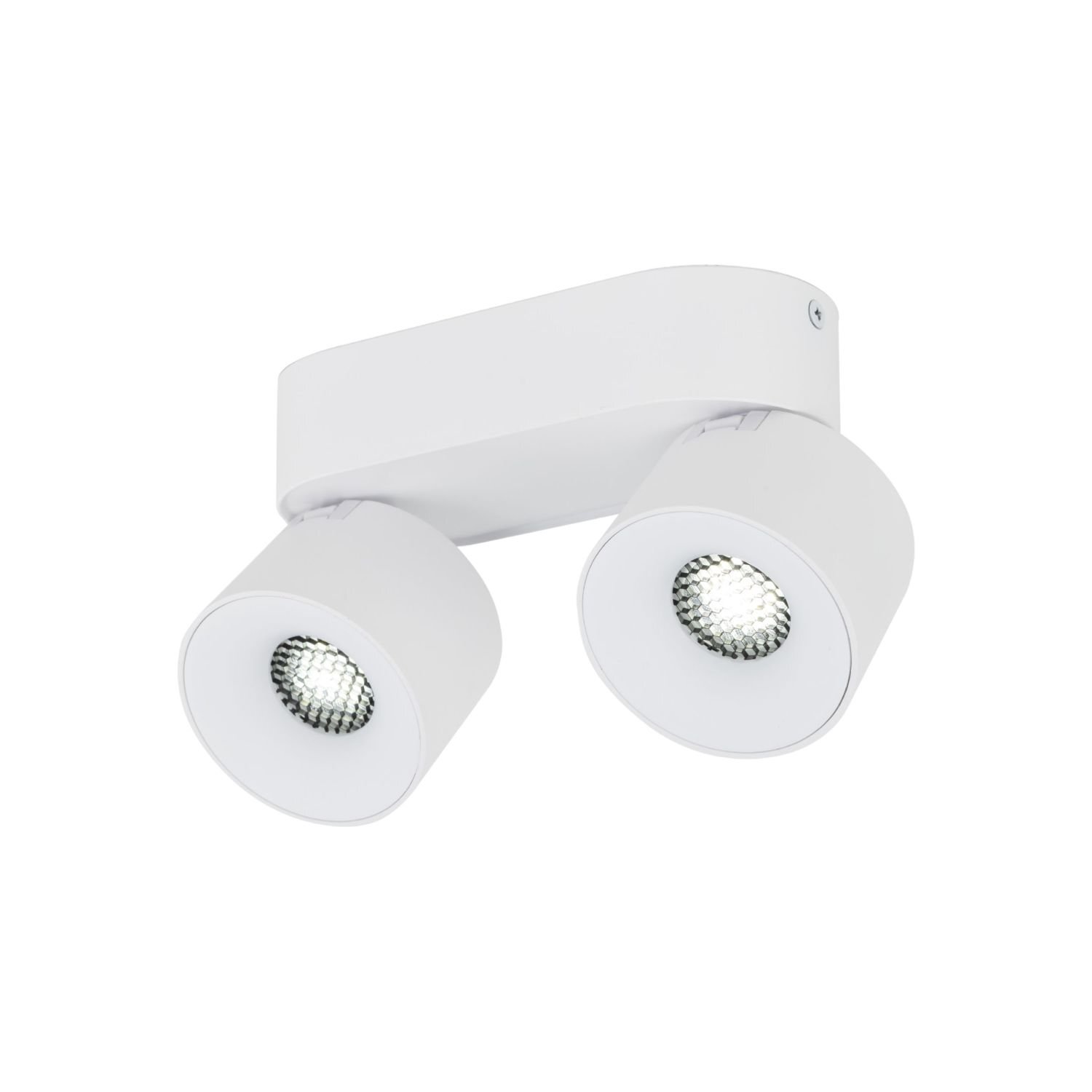 Biała lampa sufitowa z dwoma regulowanymi reflektorami LED. Obudowa jest prosta i nowoczesna, a światło ma możliwość regulacji barwy.