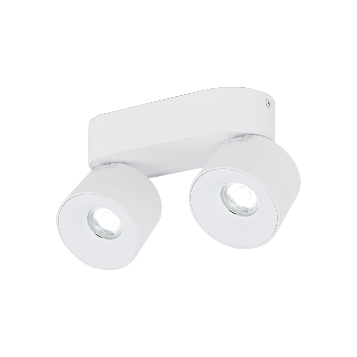 Biała lampa sufitowa z dwoma regulowanymi reflektorami LED. Obudowa jest prostokątna, a reflektory mają cylindryczny kształt.