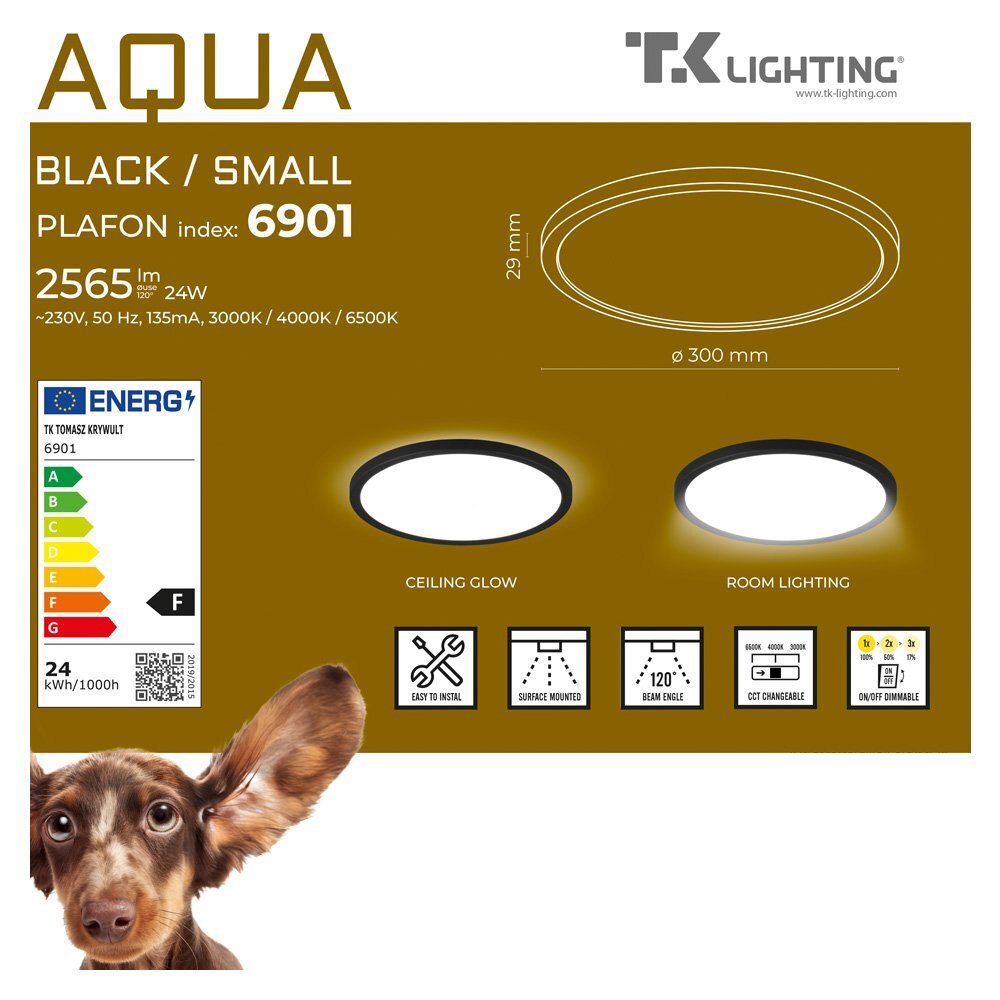 Grafika przedstawia informacje o plafonie LED hermetycznym TK Lighting AQUA 6901. Widoczne są dane techniczne, takie jak moc 24W, średnica 300 mm, oraz klasyfikacja energetyczna F.