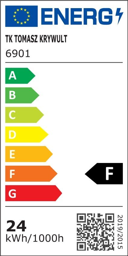 Etykieta energetyczna z logo UE i napisem \'ENERG\'. Model: TK TOMASZ KRYWULT 6901, klasa energetyczna F, zużycie 24 kWh/1000h.