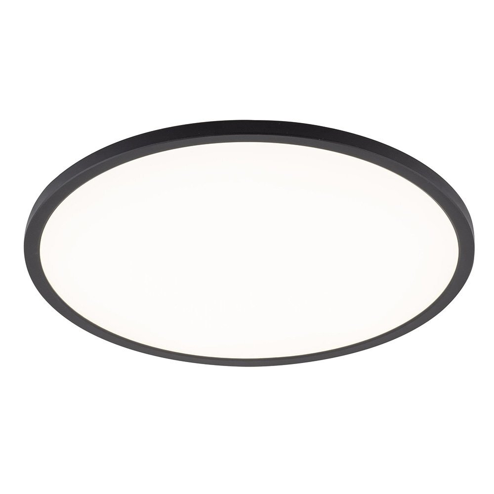 Okrągły plafon LED z czarną obwódką i białą powierzchnią świetlną. Produkt ma prosty, nowoczesny design.