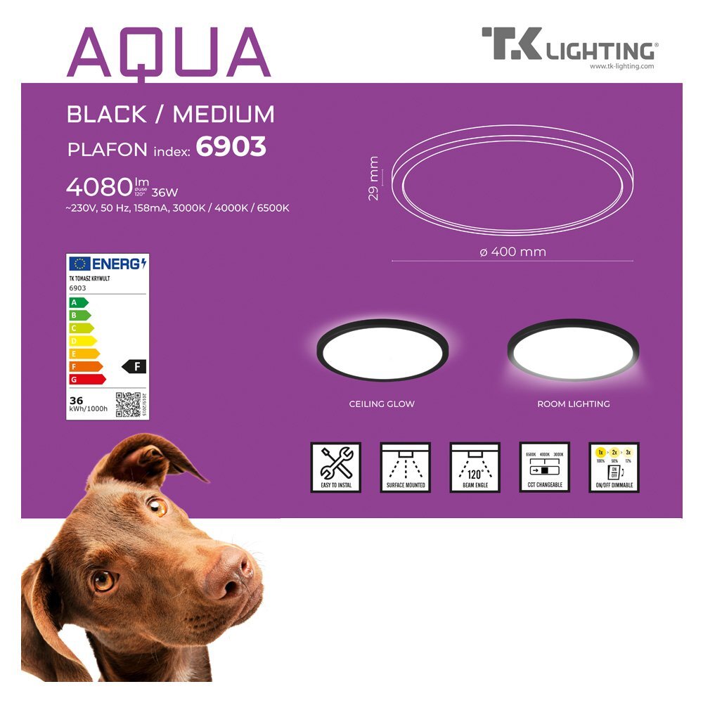 Obraz przedstawia informacje o plafonie LED hermetycznym 36W IP54 AQUA 6903 TK Lighting, z parametrami 4080 lm, 3000/4000/6500K, o średnicy 40 cm. Widoczne są również ikony wskazujące na łatwość montażu, montaż powierzchniowy, kąt świecenia 120°, możliwość zmiany temperatury barwowej oraz funkcję ściemniania.