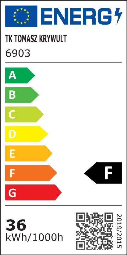 Etykieta energetyczna z logo UE i napisem \'ENERG\'. Produkt: TK TOMASZ KRYWULT 6903, klasa energetyczna F, zużycie 36 kWh/1000h.