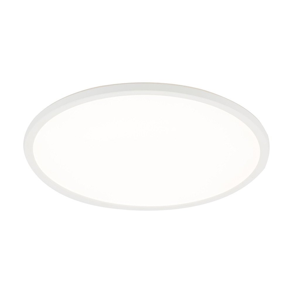 Na obrazie widoczny jest okrągły, biały plafon LED o gładkiej powierzchni. Plafon ma prosty, minimalistyczny design.
