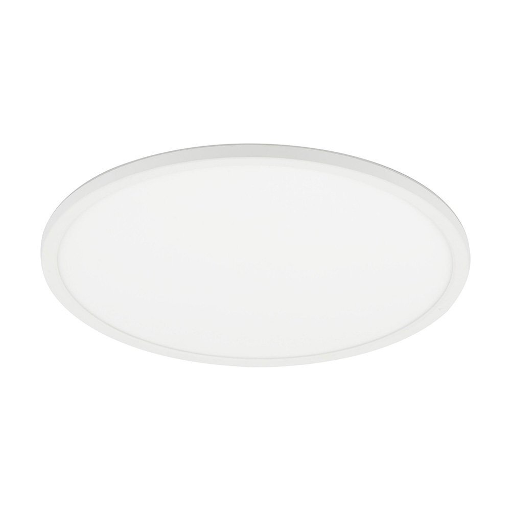 Na obrazie widoczny jest okrągły, biały plafon LED o gładkiej powierzchni. Plafon ma prosty, minimalistyczny design.
