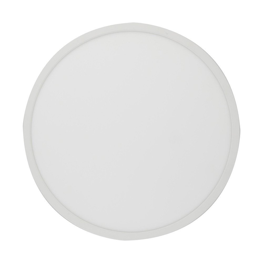Obraz przedstawia okrągły, biały plafon LED o gładkiej powierzchni. Produkt ma prosty, minimalistyczny design.