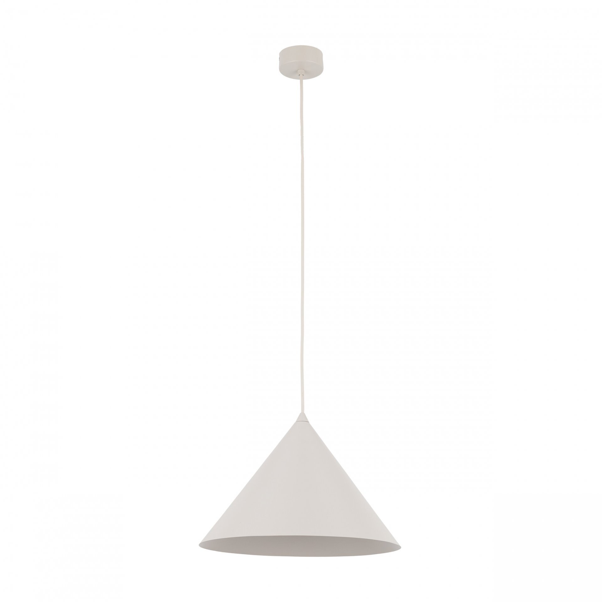 Na obrazie widoczna jest nowoczesna lampa wisząca w kształcie stożka, w kolorze jasnym. Lampa jest zawieszona na cienkim przewodzie, a jej powierzchnia jest gładka.