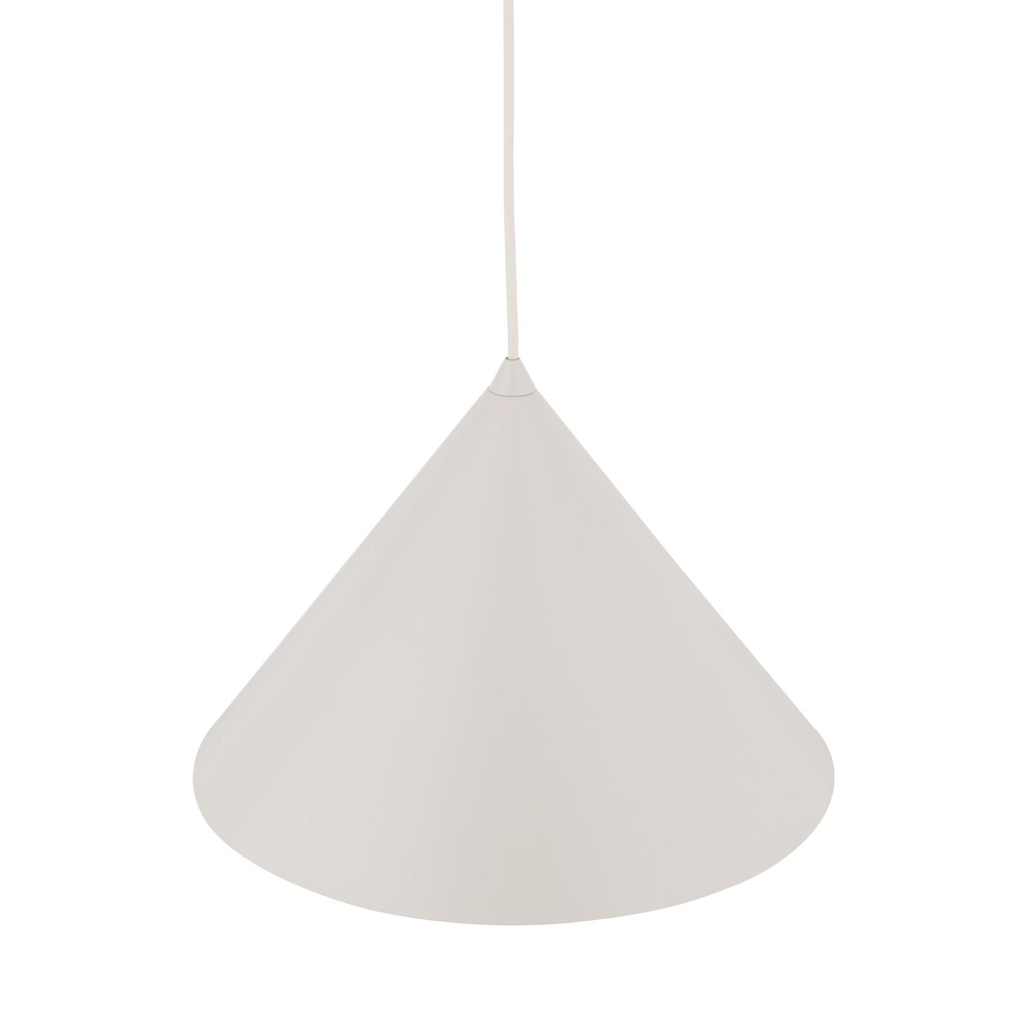 Na obrazie widoczna jest nowoczesna lampa wisząca w kształcie stożka, w kolorze jasnym. Lampa jest zawieszona na cienkim przewodzie.