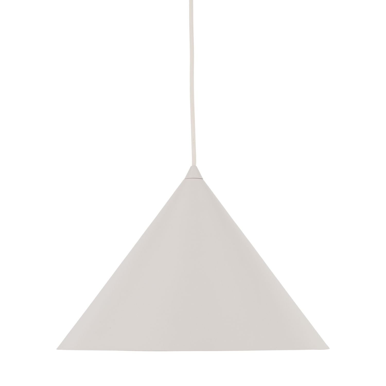 Na obrazie widoczna jest nowoczesna, wisząca lampa w kształcie stożka, w kolorze jasnym. Lampa jest zawieszona na cienkim przewodzie.