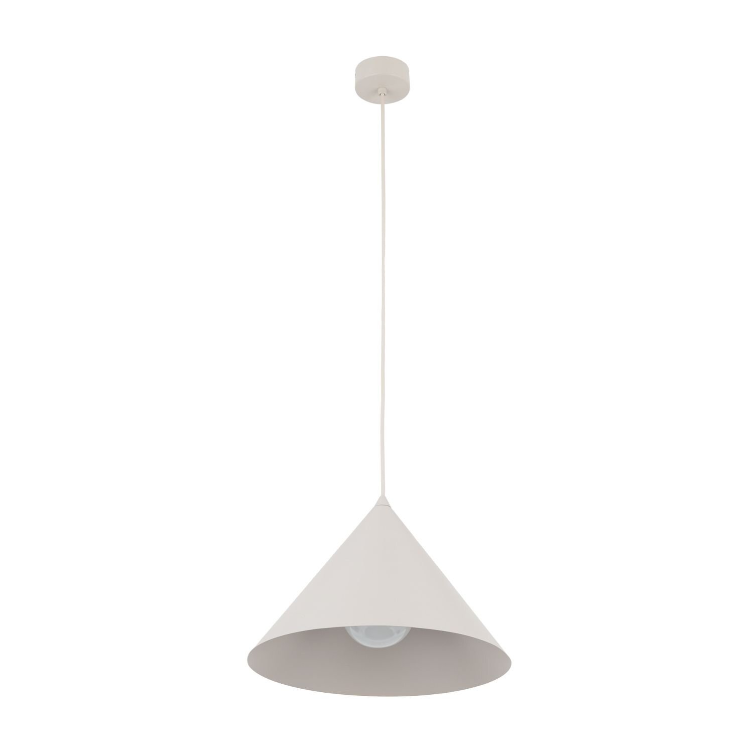 Na obrazie widoczna jest nowoczesna lampa wisząca w kształcie stożka, w kolorze jasnym. Lampa jest zawieszona na cienkim przewodzie, a w jej wnętrzu znajduje się żarówka.