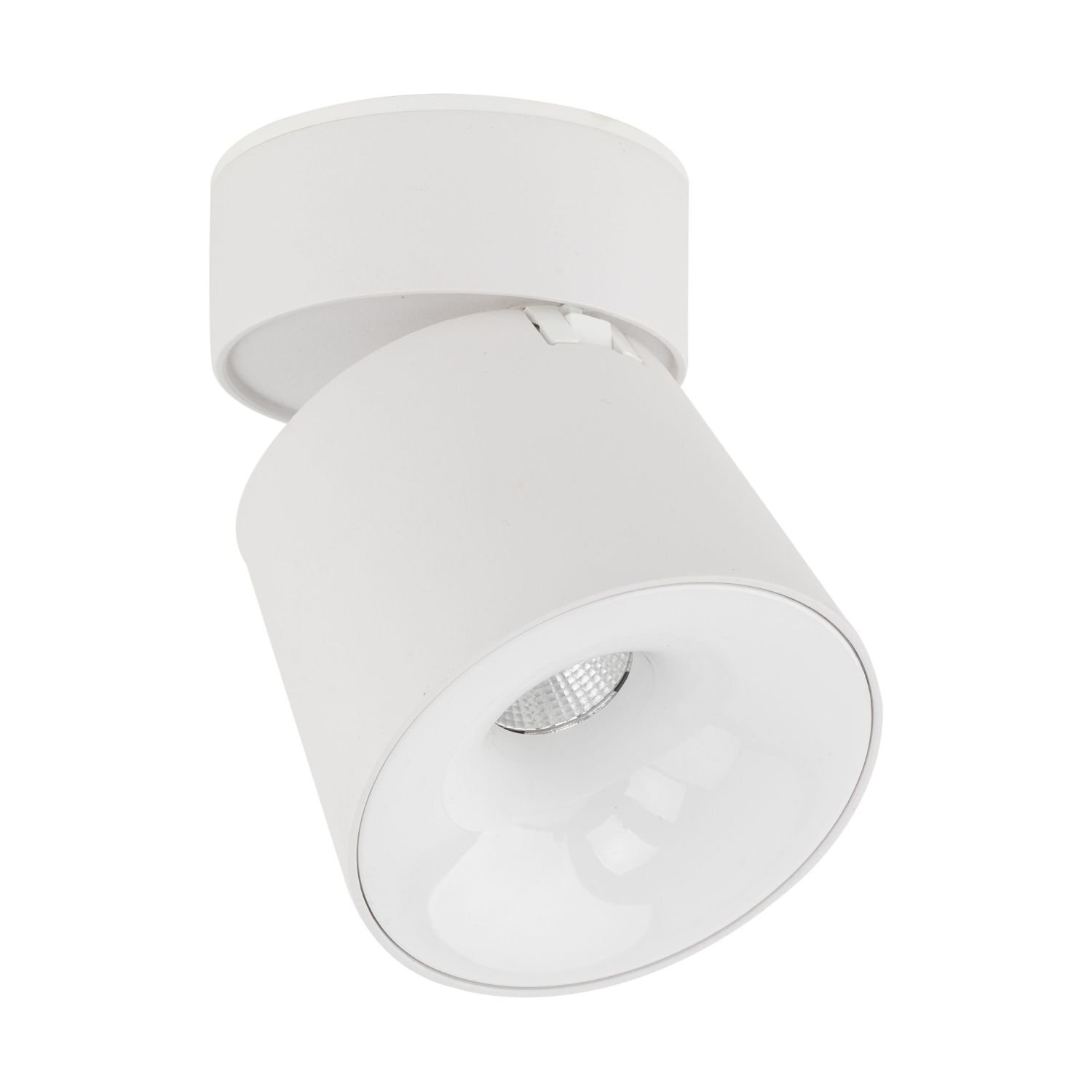 Biała, minimalistyczna lampa reflektorowa LED z ruchomą głowicą. Lampa ma cylindryczny kształt i jest przeznaczona do montażu sufitowego.