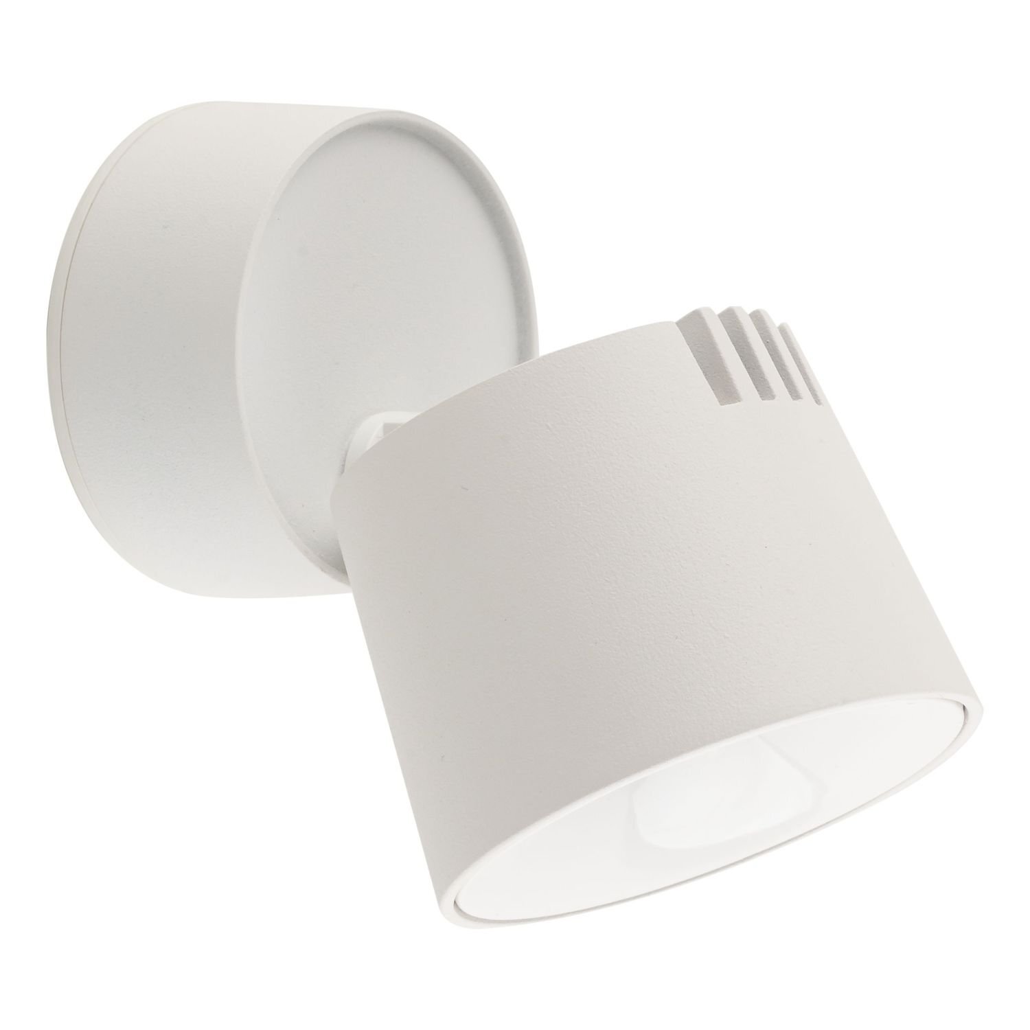 Biała, minimalistyczna lampa reflektorowa LED z ruchomą głowicą, o cylindrycznym kształcie. Powierzchnia lampy jest gładka, z delikatnymi żłobieniami na górnej części klosza.