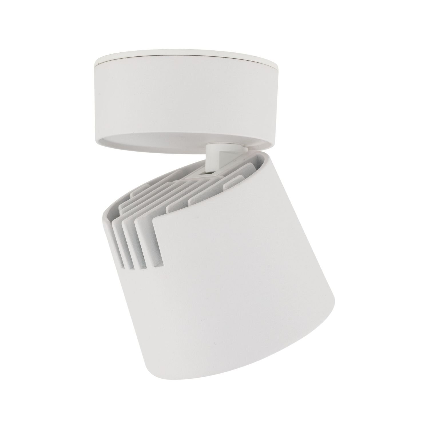 Biała, minimalistyczna lampa reflektorowa LED z ruchomą głowicą i żebrowaną strukturą. Lampa ma cylindryczny kształt i jest przeznaczona do montażu sufitowego.