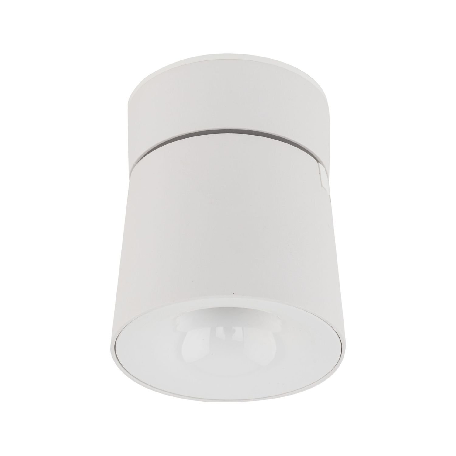 Biała, cylindryczna lampa reflektorowa LED z gładką powierzchnią i widocznym źródłem światła. Lampa ma minimalistyczny design i jest przeznaczona do montażu sufitowego.
