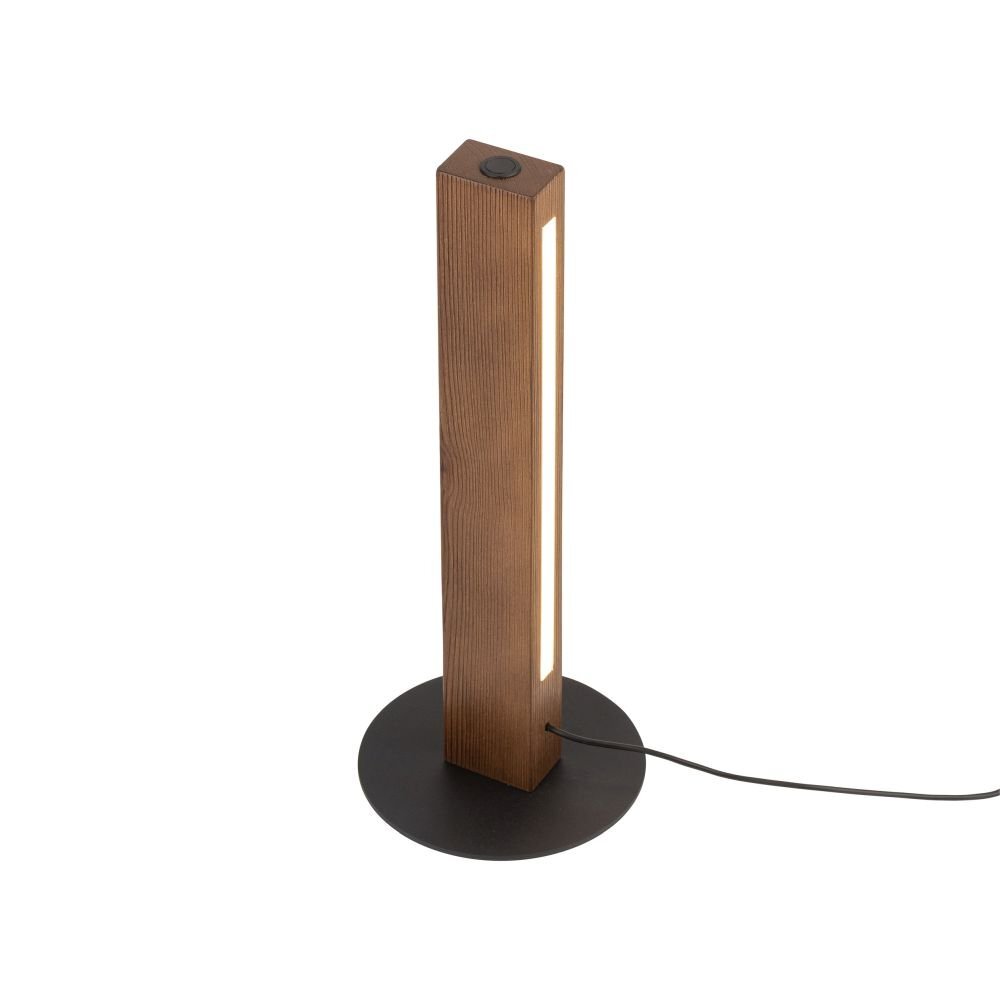 Lampa stołowa o prostokątnym kształcie z drewnianym wykończeniem i czarną, okrągłą podstawą. Z boku lampy widoczny jest pasek emitujący ciepłe białe światło.