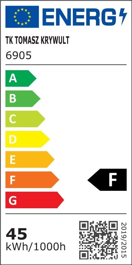 Etykieta energetyczna z logo UE i napisem \'ENERG\'. Produkt: TK TOMASZ KRYWULT 6904, klasa energetyczna F, zużycie 45 kWh/1000h.