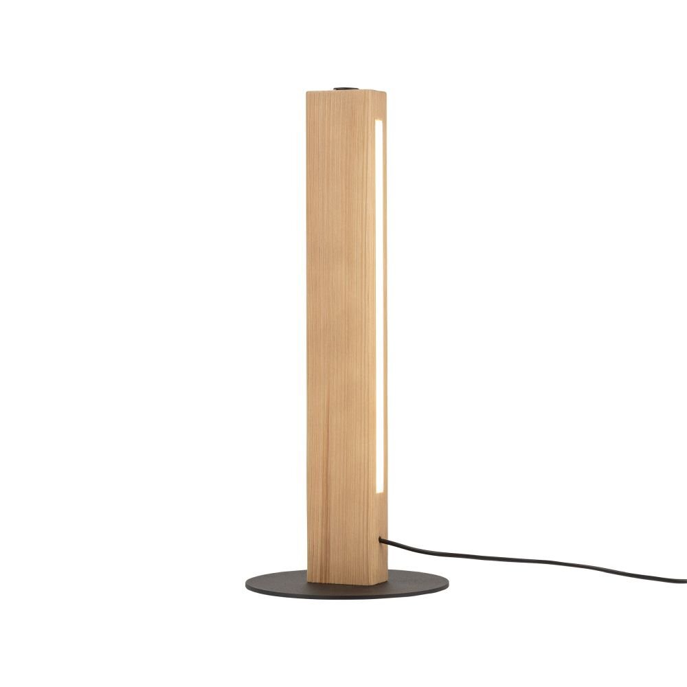 Lampa stołowa o prostokątnym kształcie z drewna w kolorze sosny, z wbudowanym źródłem światła LED. Podstawa lampy jest okrągła i czarna, a z boku widoczny jest czarny przewód zasilający.
