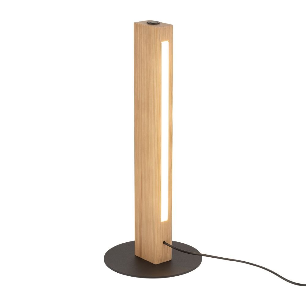 Lampa stołowa o prostokątnym kształcie z drewna w kolorze sosny, z wbudowanym źródłem światła LED. Podstawa lampy jest okrągła i czarna, z widocznym przewodem zasilającym.
