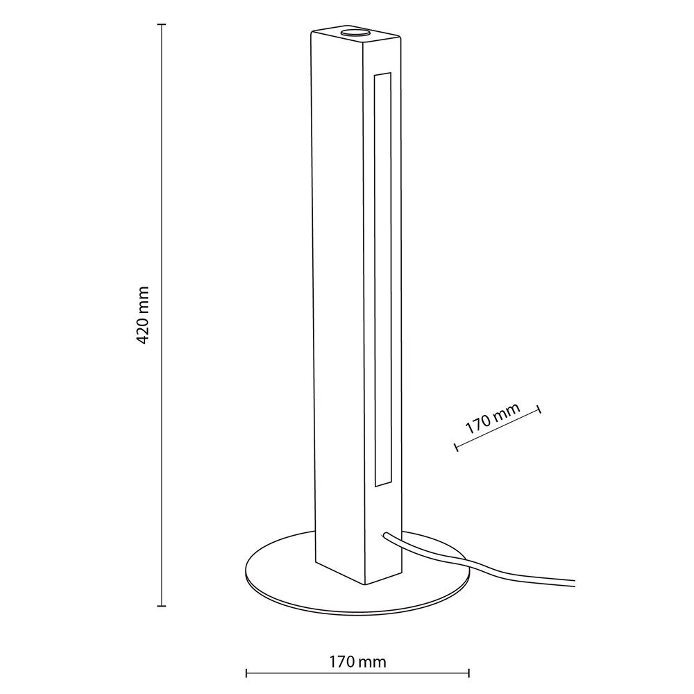 Schematyczny rysunek lampy stołowej o wysokości 420 mm i podstawie o średnicy 170 mm. Lampa ma prostokątny kształt z przewodem wychodzącym z podstawy.