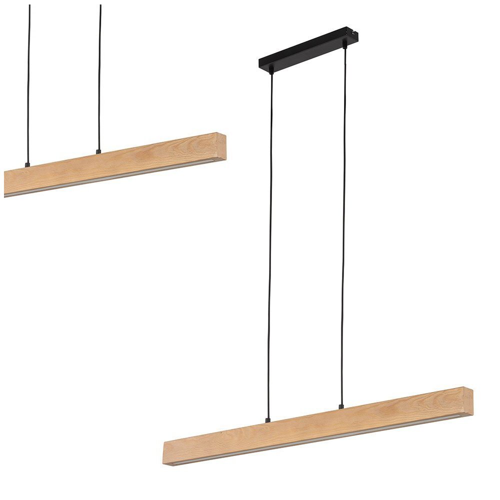 Na obrazie widoczna jest lampa wisząca z drewnianym wykończeniem, zawieszona na dwóch czarnych przewodach. Lampa ma prostokątny kształt i jest zamontowana do czarnej, prostokątnej podstawy sufitowej.