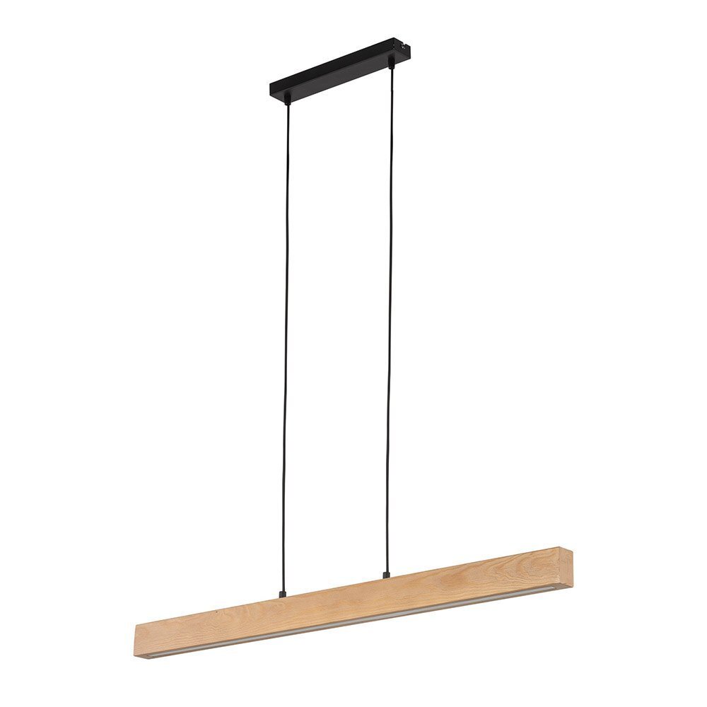 Lampa wisząca LED z prostokątnym, drewnianym kloszem zawieszonym na dwóch czarnych przewodach. Górna część mocowania jest czarna i prostokątna.