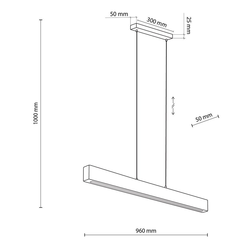 Schematyczny rysunek lampy wiszącej z wymiarami: 1000 mm wysokości, 960 mm długości, 50 mm szerokości, oraz 300 mm długości elementu mocującego. Widoczne są również strzałki wskazujące możliwość regulacji wysokości.
