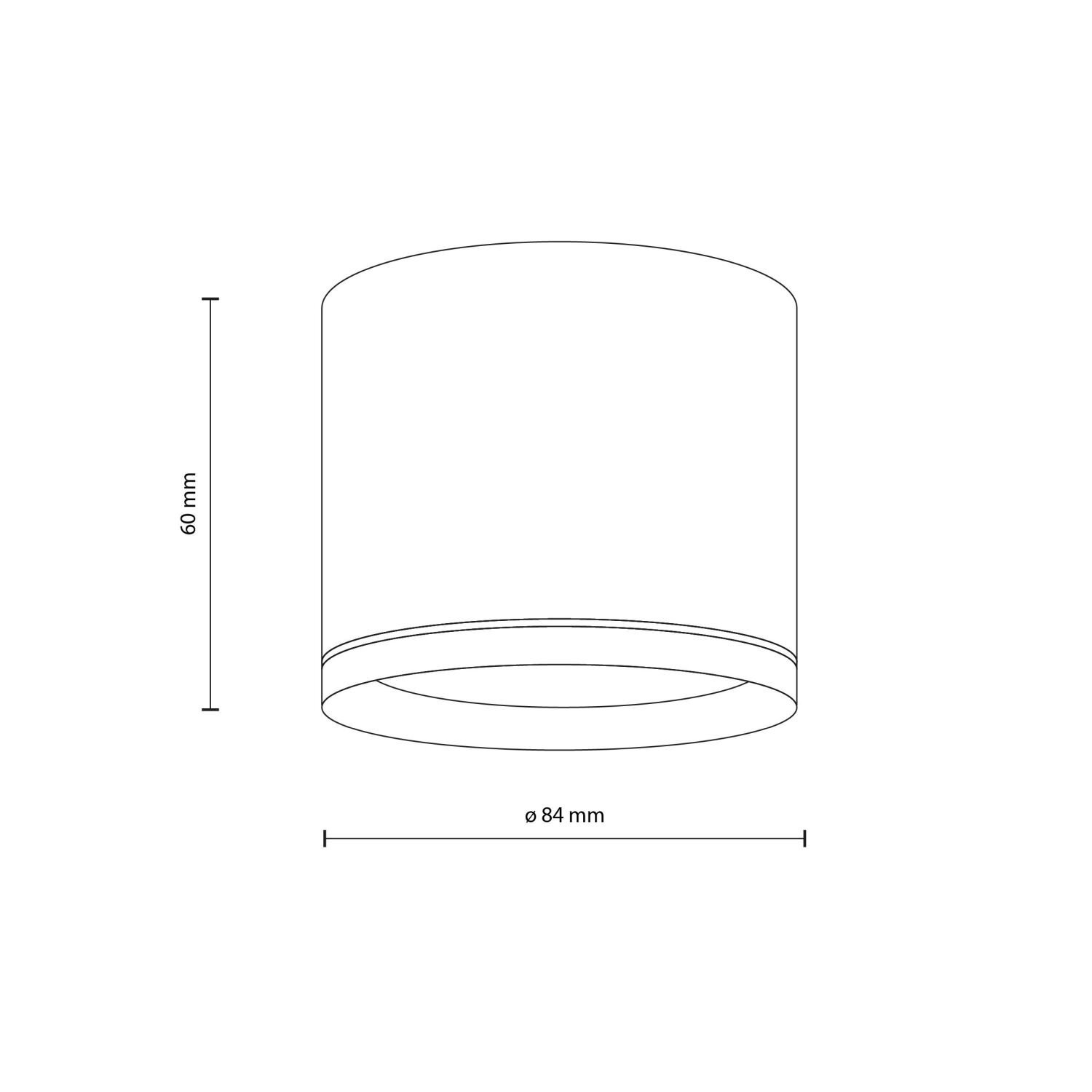 Schematyczny rysunek cylindrycznej oprawy natynkowej z wymiarami: wysokość 60 mm, średnica 84 mm.