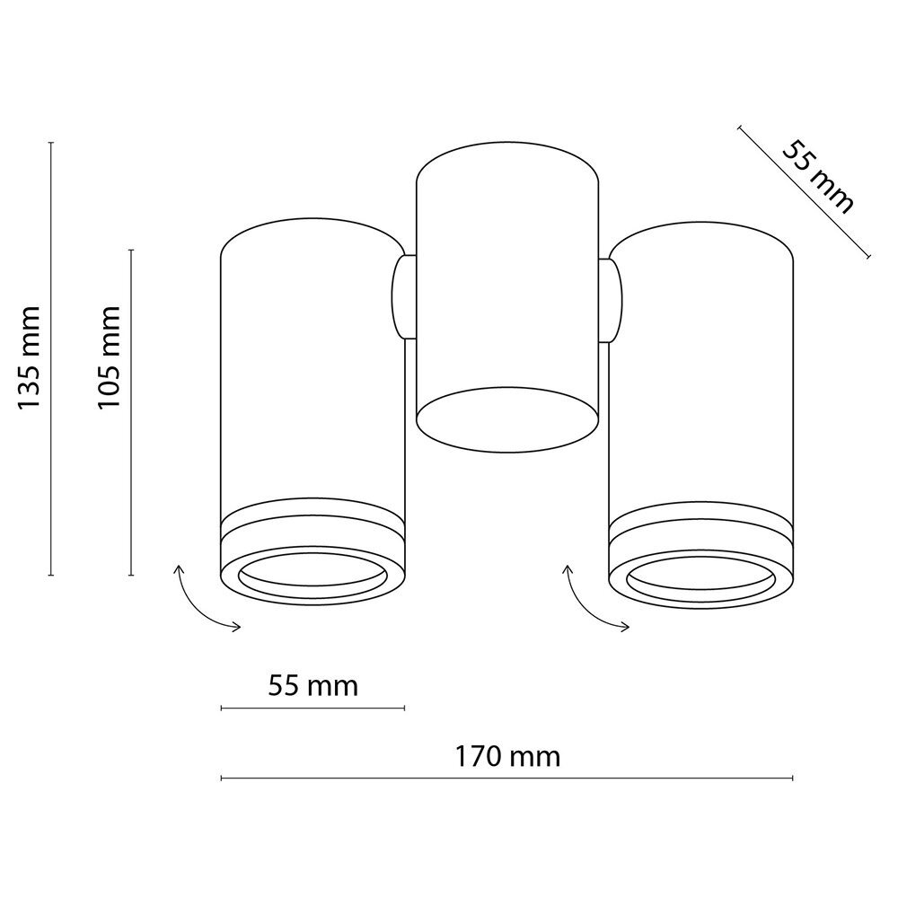 Schematyczny rysunek lampy sufitowej z dwoma regulowanymi reflektorami. Wymiary: wysokość 135 mm, 105 mm; szerokość 170 mm; średnica reflektorów 55 mm.