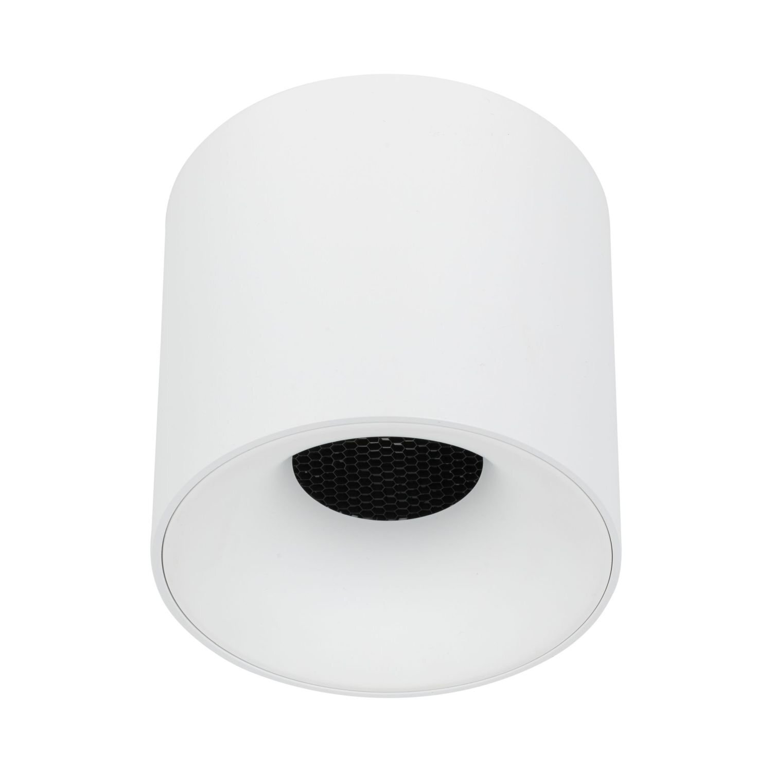 Biała, cylindryczna oprawa natynkowa LED z czarnym, siatkowym wnętrzem. Minimalistyczny design, przeznaczona do montażu sufitowego.