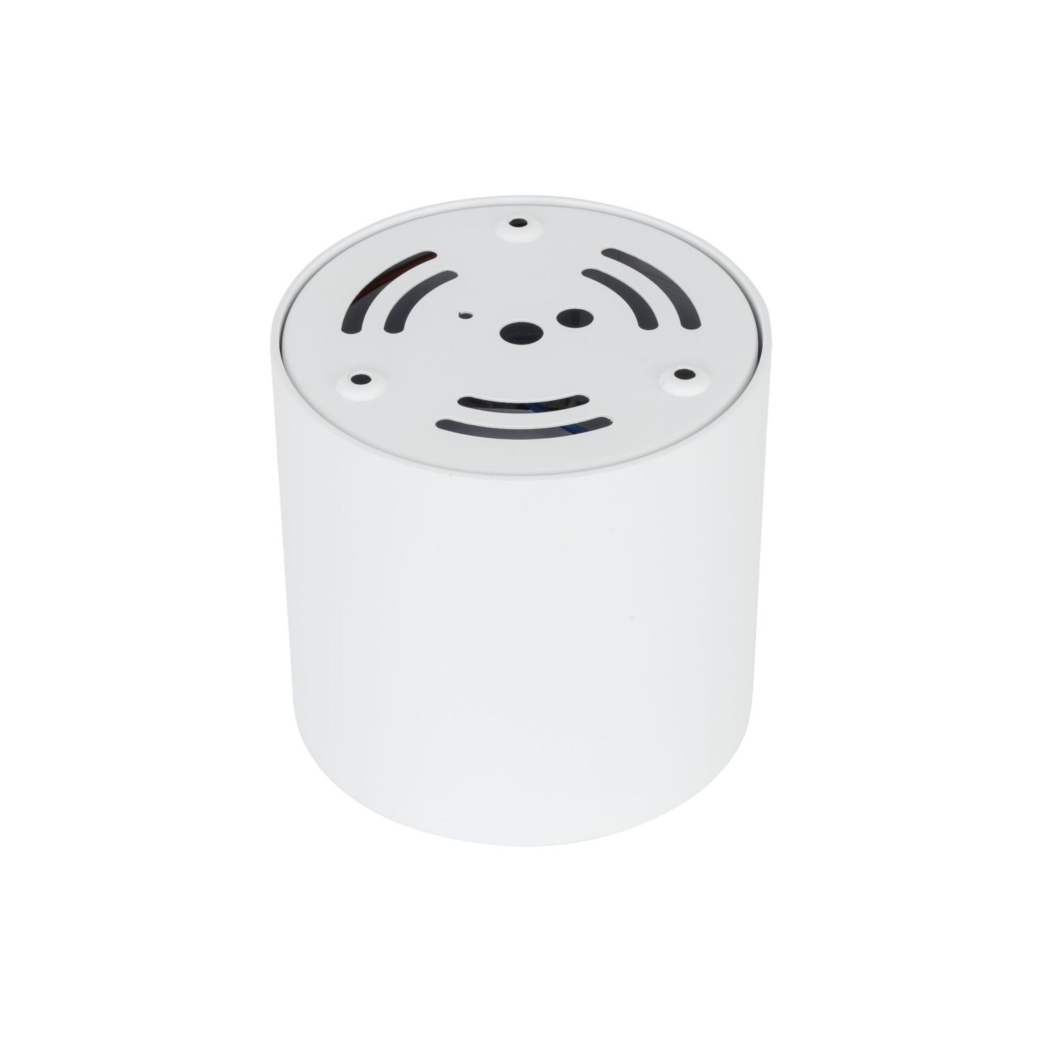 Biała, cylindryczna oprawa natynkowa LED z otworami na górnej powierzchni. Minimalistyczny design, przeznaczona do montażu sufitowego.