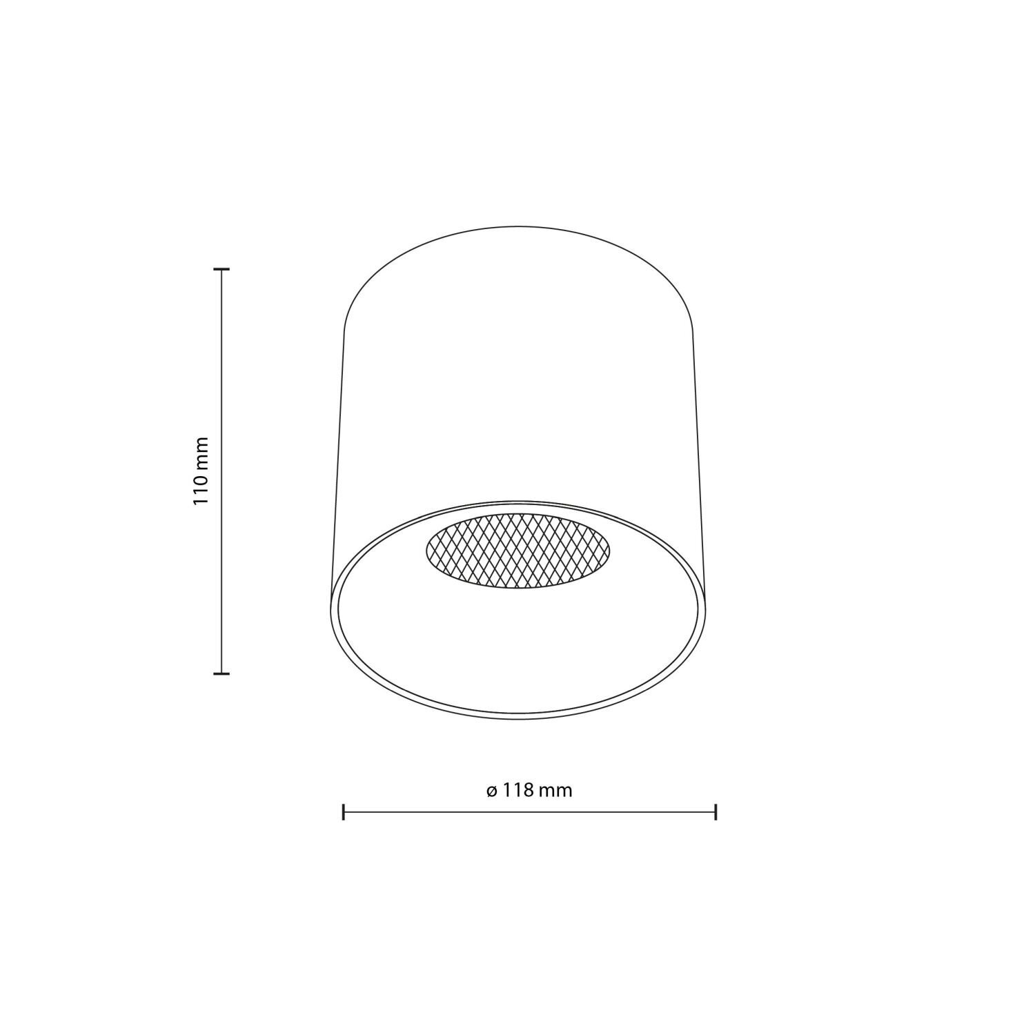 Schematyczny rysunek oprawy natynkowej LED o wysokości 110 mm i średnicy 118 mm, z widoczną siatką w dolnej części.