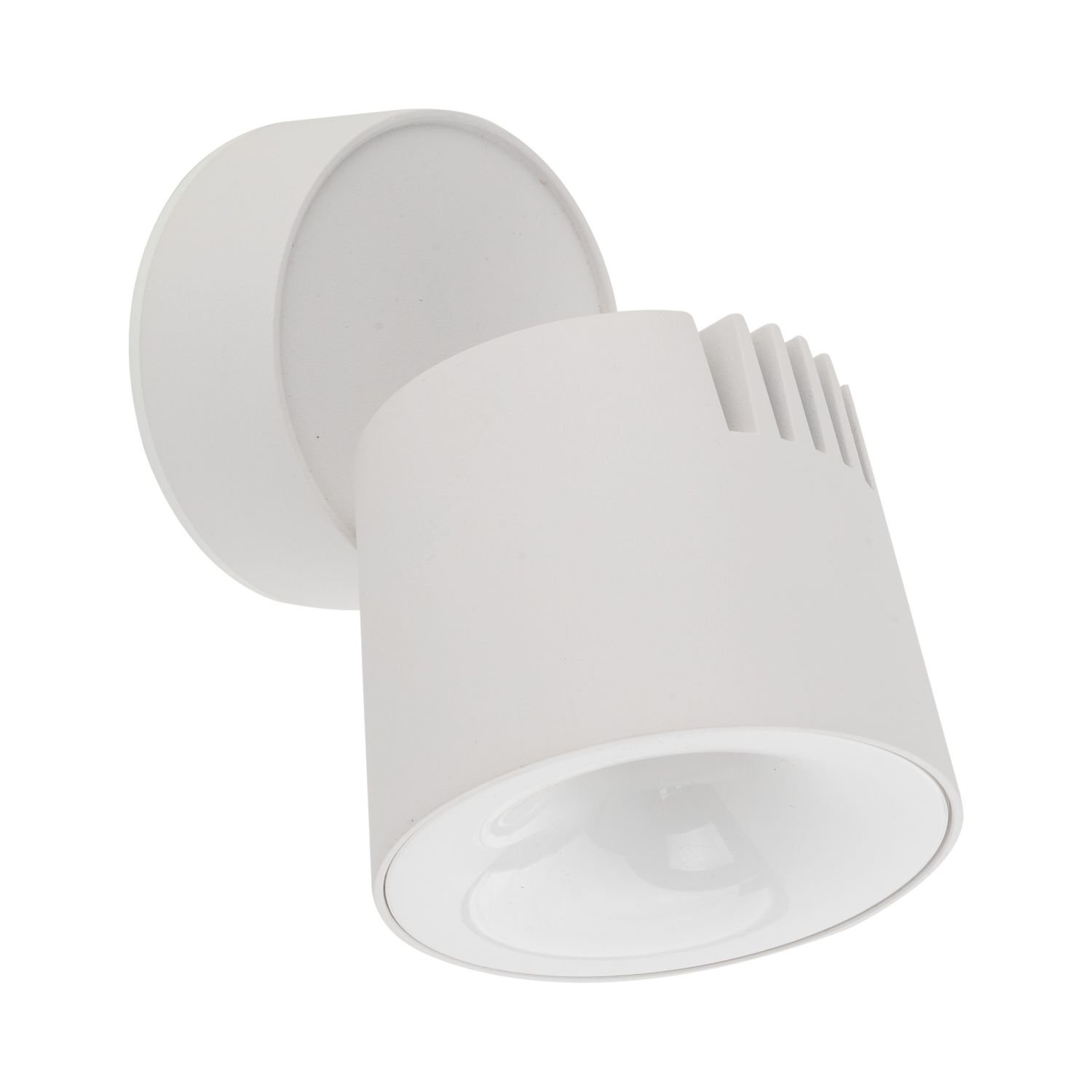 Biała lampa reflektorowa LED o minimalistycznym designie z ruchomą głowicą. Lampa ma cylindryczny kształt i gładką powierzchnię.