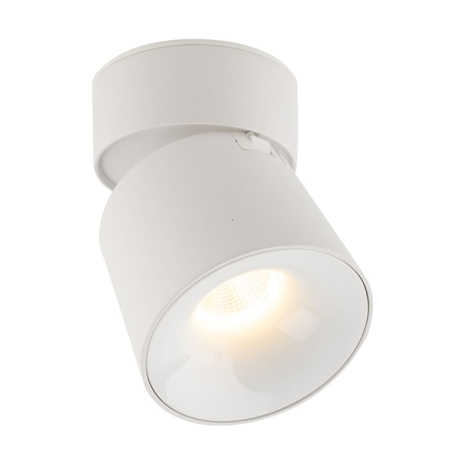 Biała lampa reflektorowa LED o minimalistycznym designie, emitująca ciepłe białe światło. Lampa ma cylindryczny kształt i jest ruchoma.
