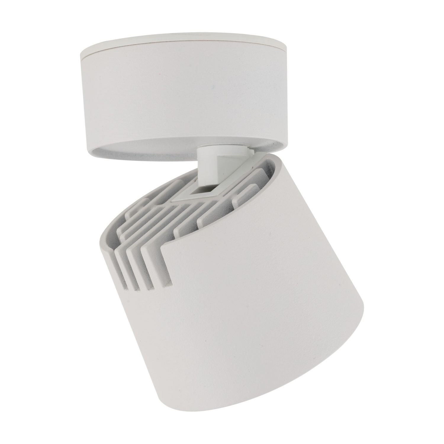 Biała, ruchoma lampa reflektorowa LED o minimalistycznym designie, z widocznymi żebrowaniami na obudowie. Lampa ma cylindryczny kształt i jest przeznaczona do montażu sufitowego.