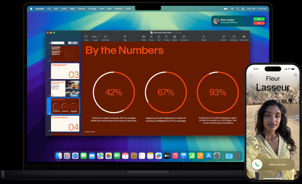 Na obrazie widoczny jest laptop z otwartą prezentacją, na której znajdują się trzy wykresy kołowe z wartościami 42%, 67% i 93%, oraz smartfon z ekranem połączenia przychodzącego. Na ekranie laptopa widać aplikację Keynote, a na smartfonie zdjęcie osoby i tekst \'Fleur Lasseur\'.