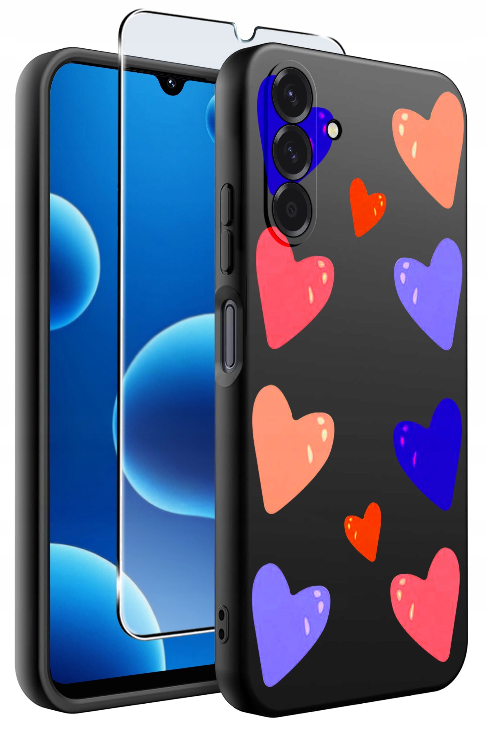 Czarne etui na telefon z kolorowymi sercami w odcieniach czerwieni, pomarańczu i fioletu. Obok etui znajduje się przezroczyste szkło ochronne na ekran.