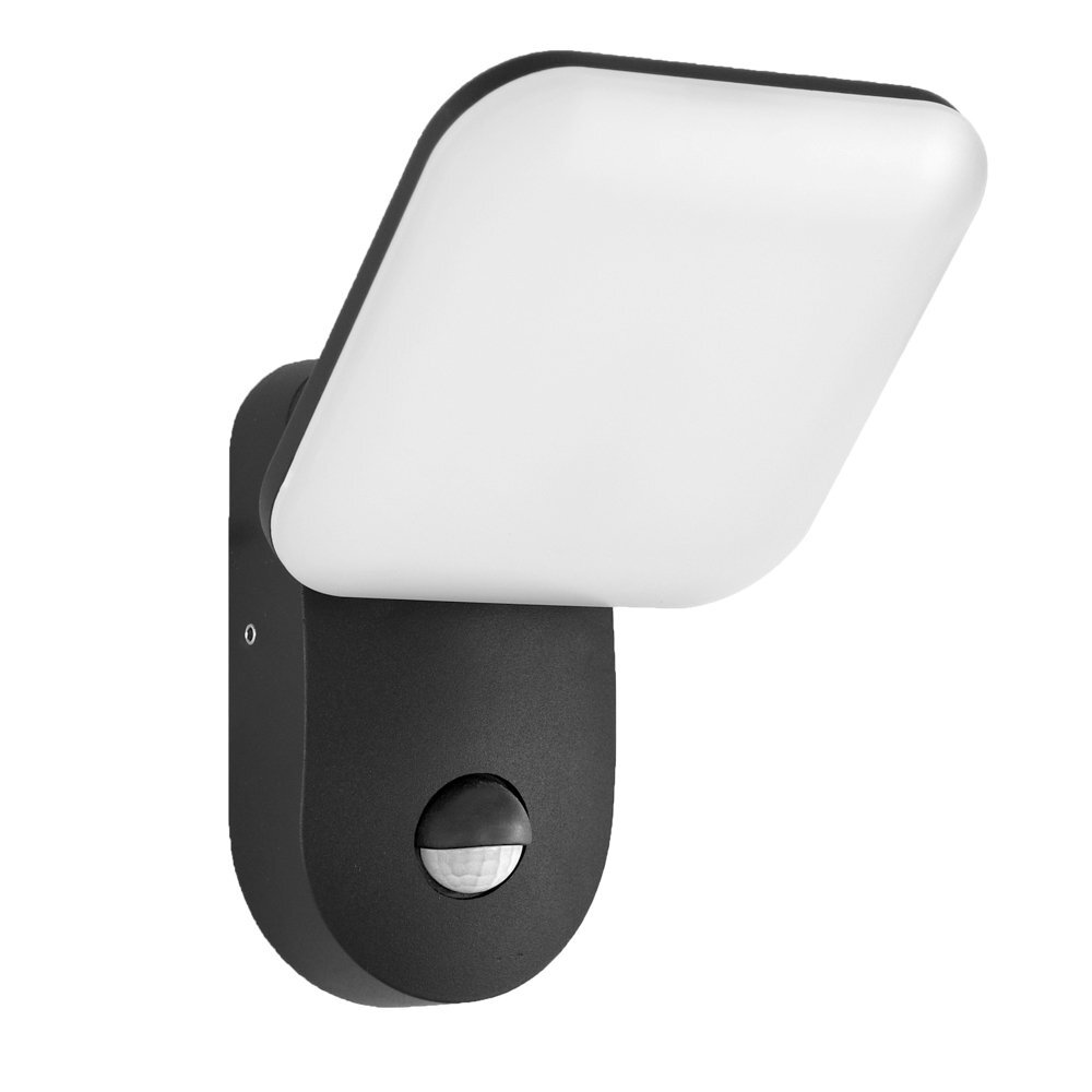 Kinkiet zewnętrzny LED o nowoczesnym designie, z białym kloszem i czarną podstawą. Posiada wbudowany czujnik ruchu.