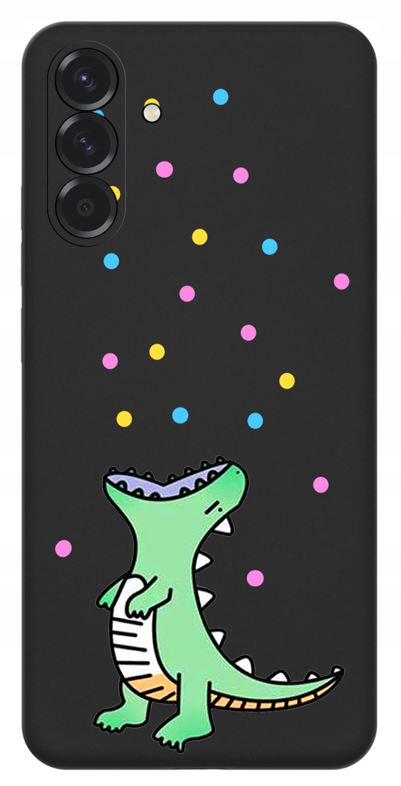 Czarne etui na telefon z kolorowym wzorem przedstawiającym zielonego dinozaura i kolorowe kropki. Etui posiada wycięcia na trzy obiektywy aparatu i lampę błyskową.