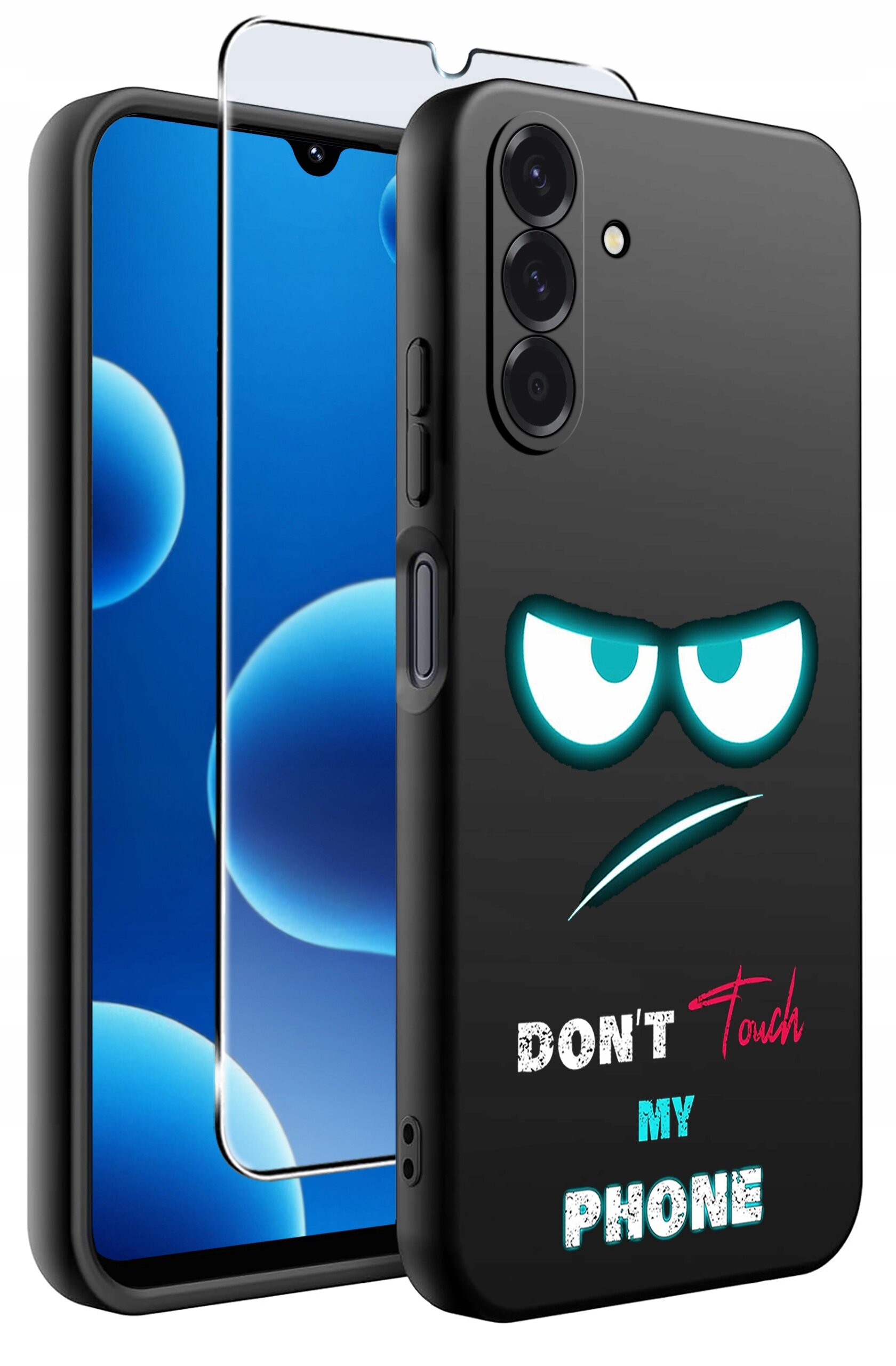 Czarne etui na telefon z nadrukiem przedstawiającym zarys oczu i ust oraz napisem \'DON\'T Touch MY PHONE\'. Obok etui znajduje się szkło ochronne na ekran.