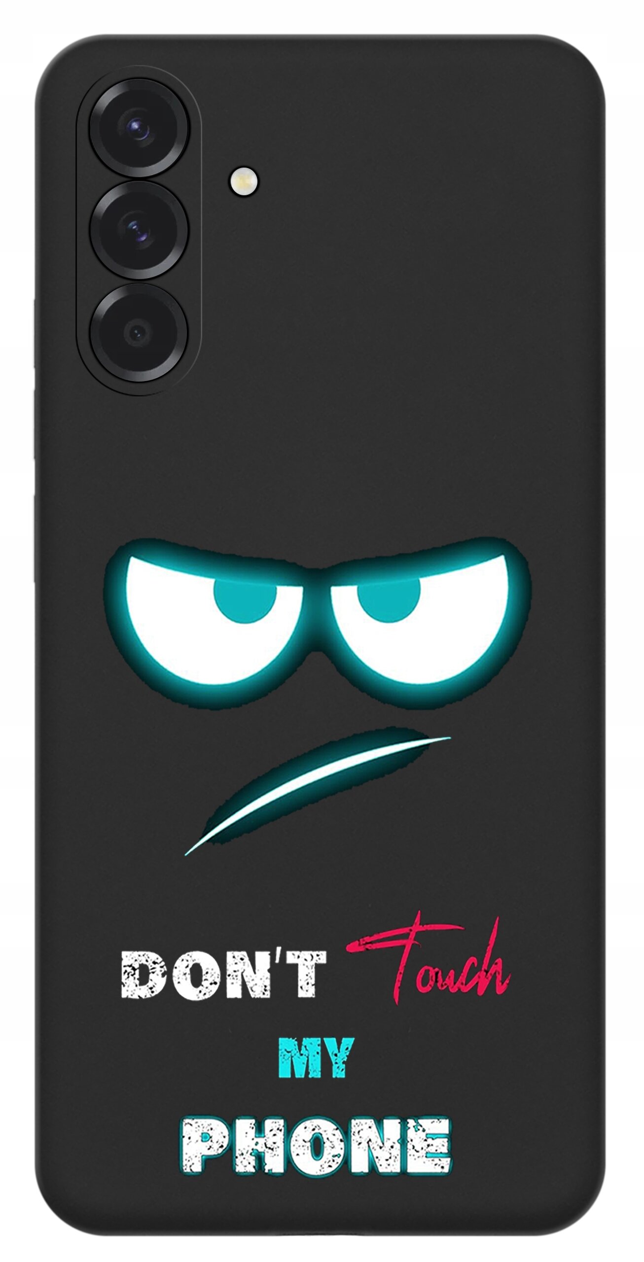 Czarne etui na telefon z nadrukiem przedstawiającym parę oczu i napis \'DON\'T Touch MY PHONE\'.